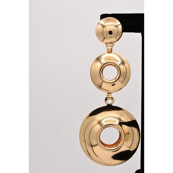 Vintage Chunky Dangle Earrings Shiny Gold Tone Puffy Metal Bold Long 1990s BinZ - Picture 6 of 12